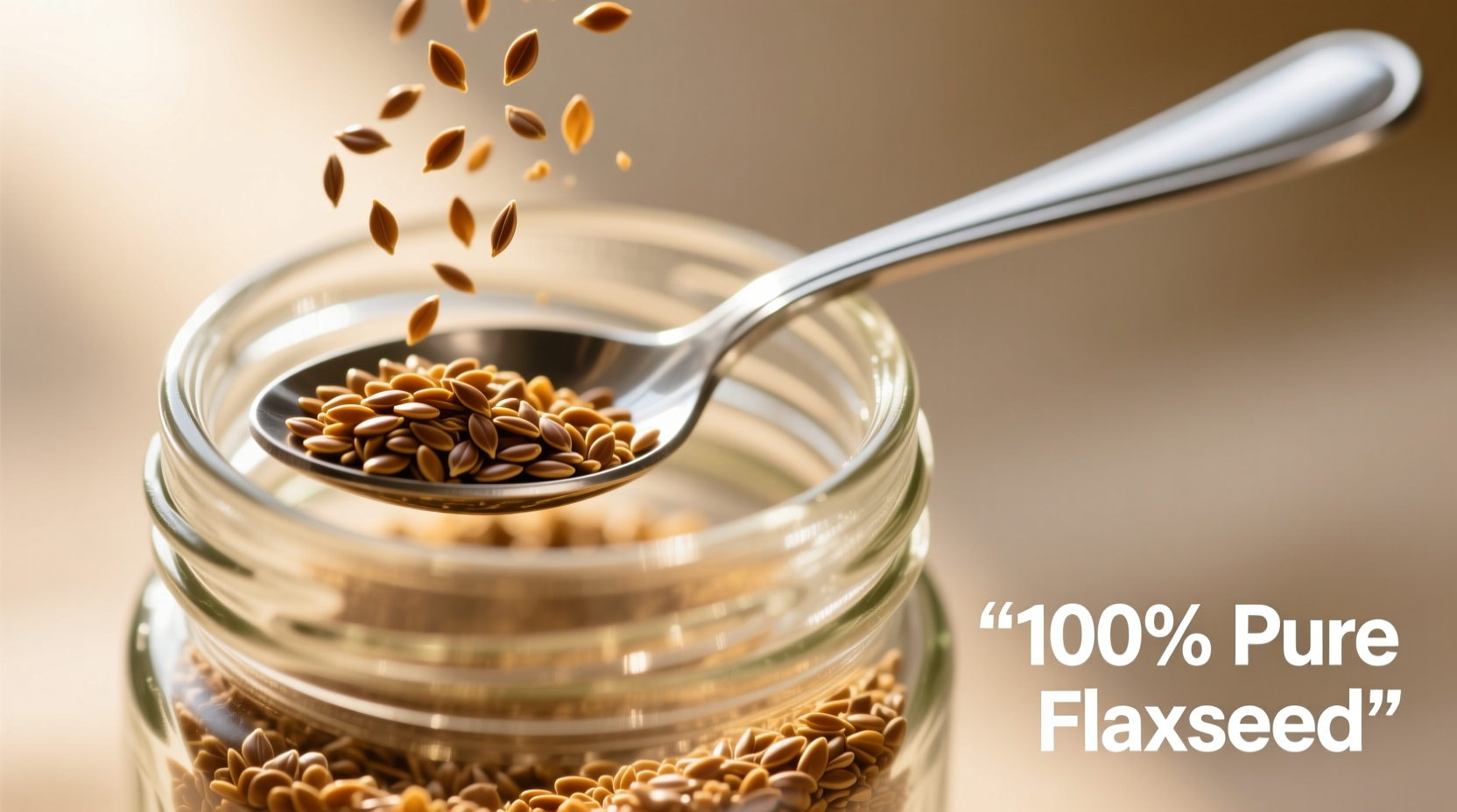 Freshly ground flaxseed in a glass jar with spoon