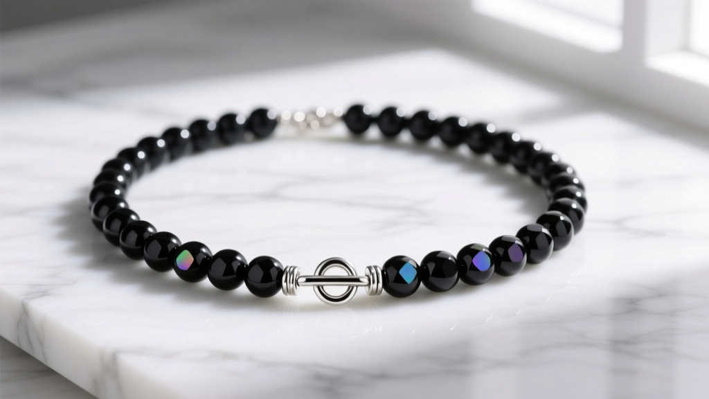 Dark metallic Silpada hematite necklace beads and sterling silver toggle clasp resting on white marble under soft natural light