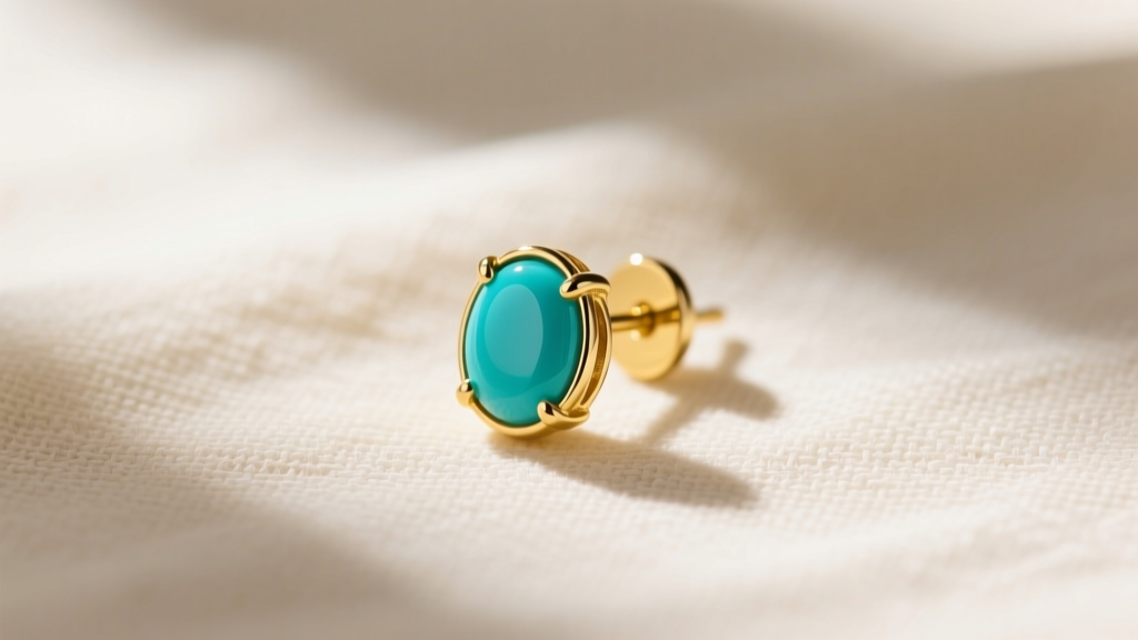 14k yellow gold James Avery stud earring with bezel-set turquoise cabochon, shot from above on a cream linen fabric background.