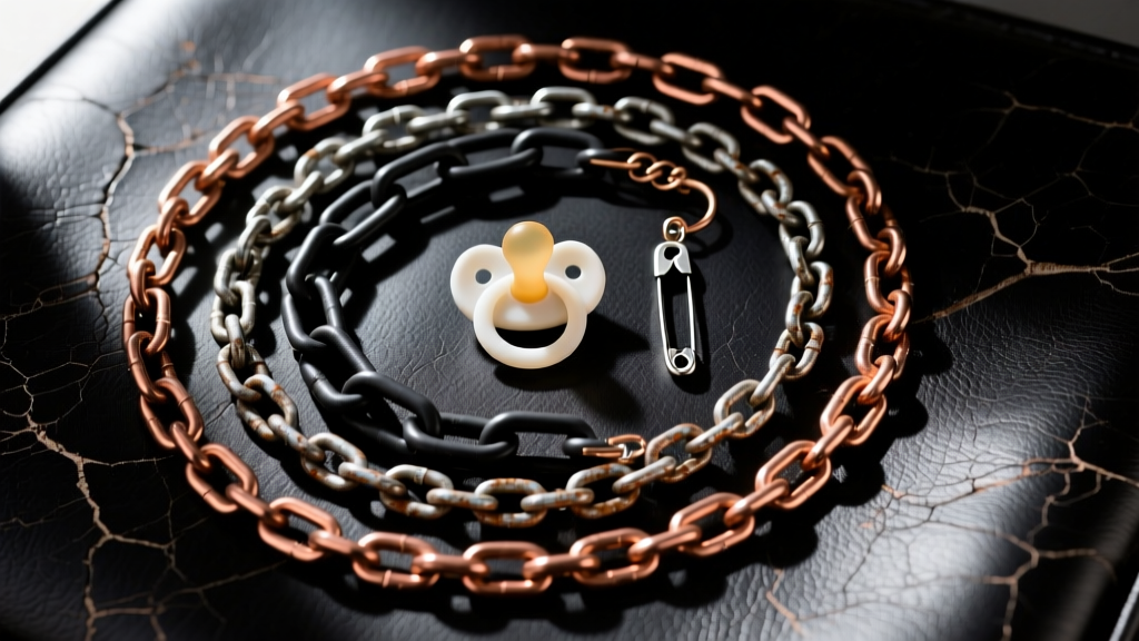 Flat lay of untangled layered grunge chains, a pacifier pendant, and safety pin charms arranged neatly on distressed dark leather