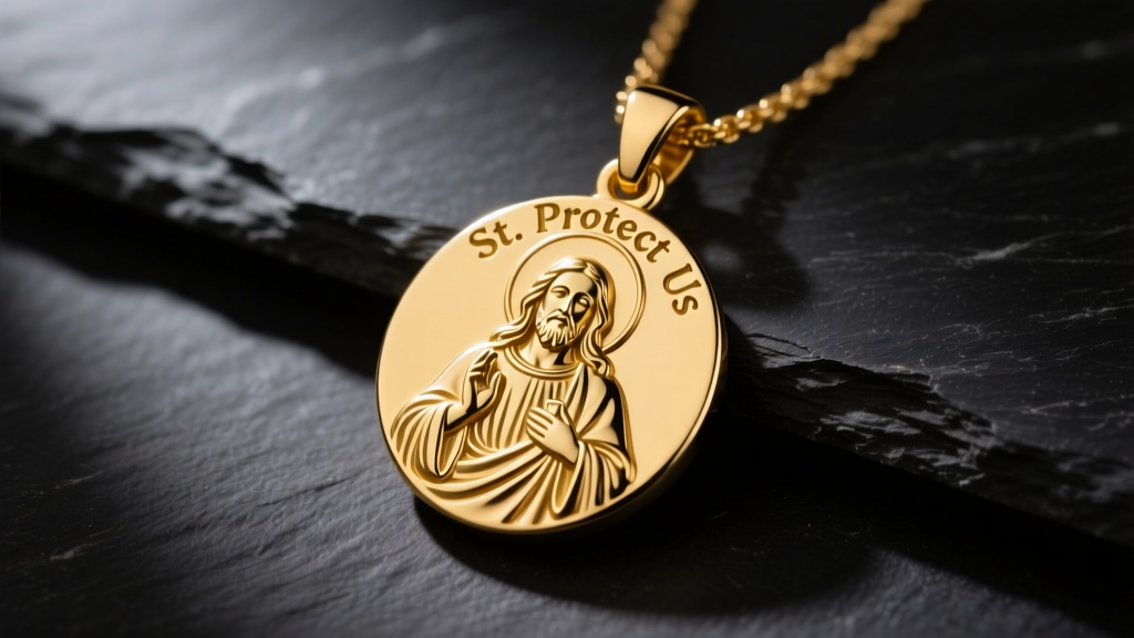 Close-up of a 14k solid gold St Christopher protect us necklace on dark slate, soft lighting highlighting the saint's relief.