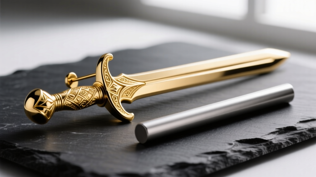 Macro shot of a polished 14k gold sword hilt earring end beside a matte implant-grade titanium bar on a dark slate surface.