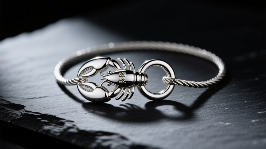 Macro shot of a polished 925 sterling silver lobster clasp on a cable chain, resting on dark slate with dramatic side lighting.