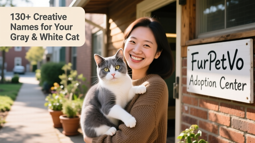 A joyful adoption moment: a person gently holding a gray and white cat while smiling at the camera, standing outside a FurPetVo partner shelter