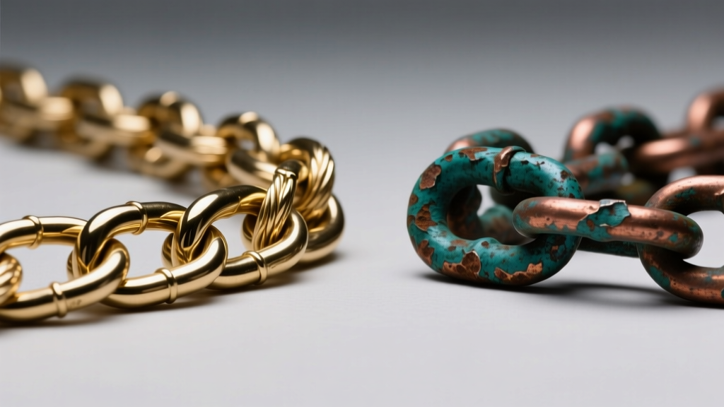 Brass rope chain beside oxidized copper chain showing sharp contrast in metal patina and texture under soft studio lighting setup