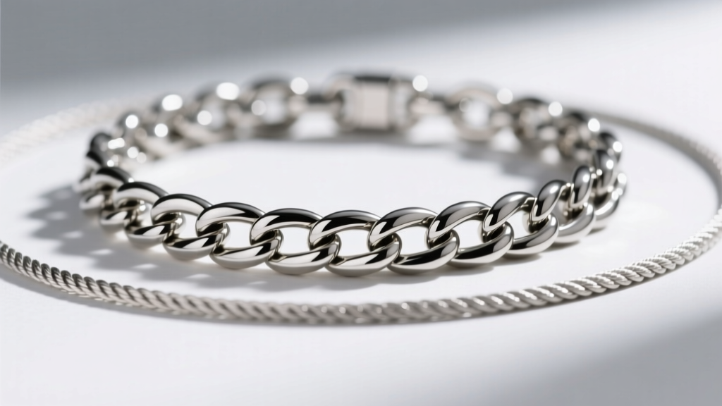 Macro shot of 10mm stainless steel Cuban chain links resting cleanly over a 3mm silver rope chain without tangling, sharp focus