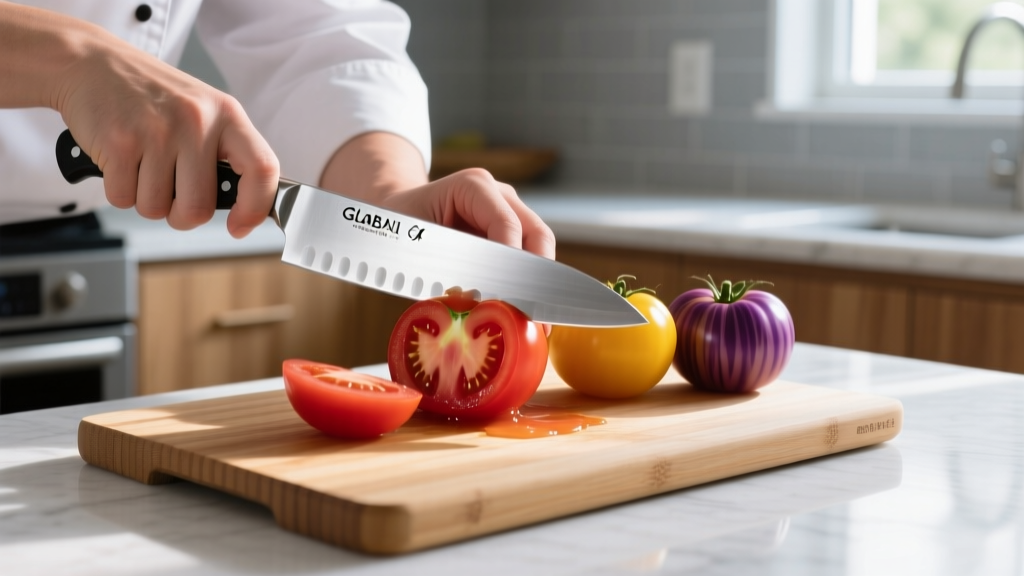 Chef slicing heirloom tomatoes on a thick bamboo cutting board using an all-stainless-steel Global chef knife in a sunlit kitchen