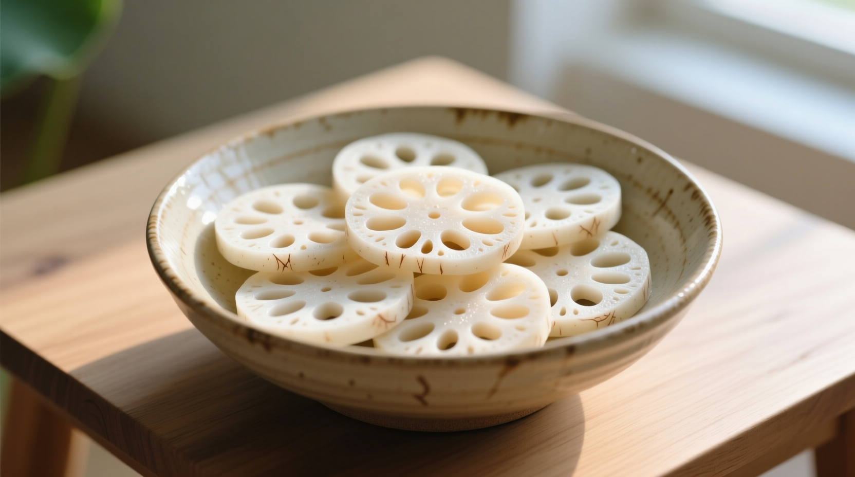 Fresh lotus root slices in a ceramic bowl