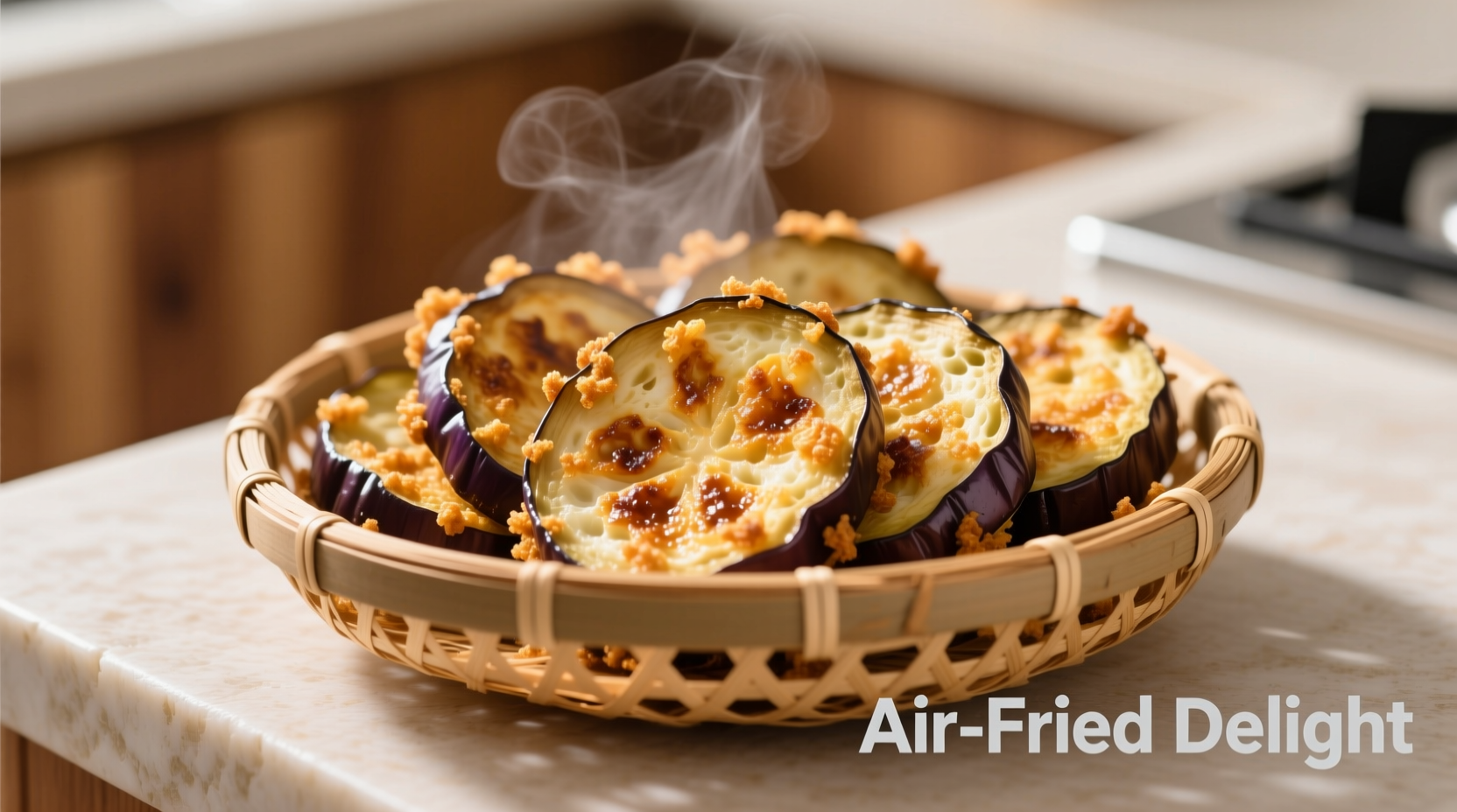 Golden brown air fried eggplant slices in basket
