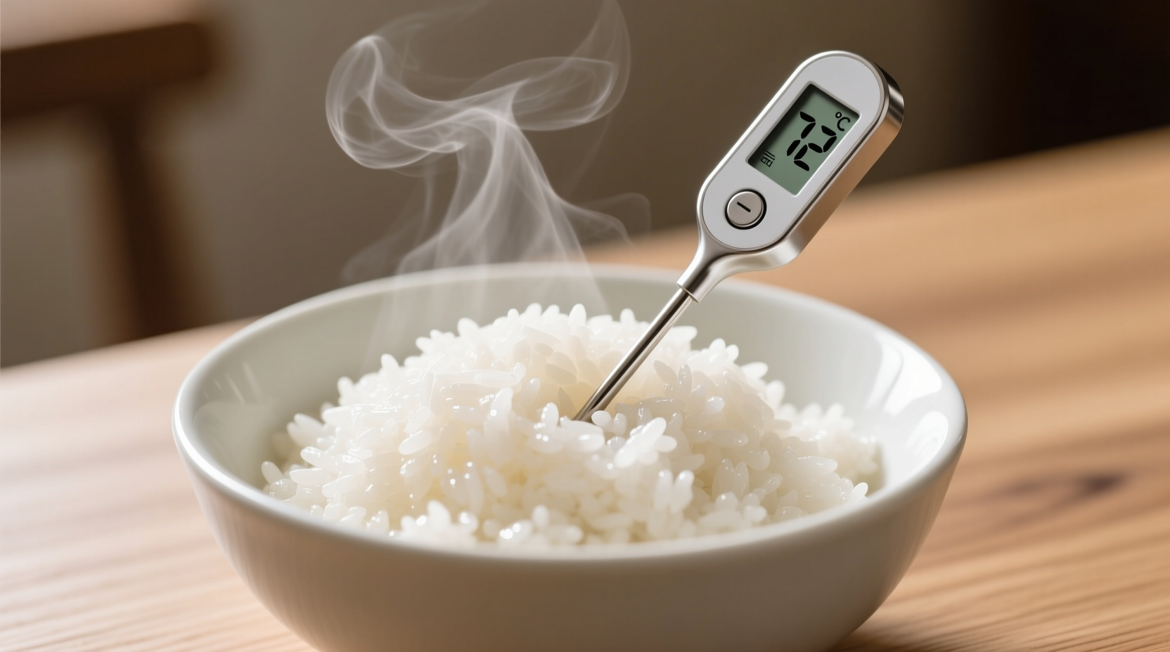 Cooked rice in bowl with food thermometer showing temperature