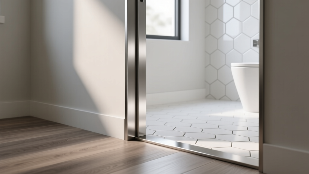 Brushed aluminum T-molding bridging gray oak laminate flooring and white hexagon bathroom tile in a modern doorway