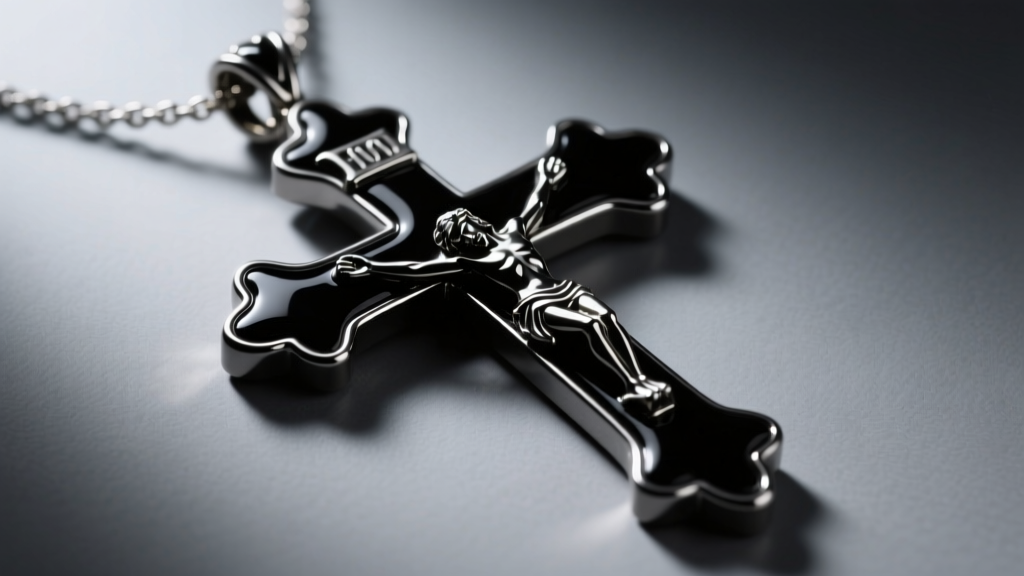 Macro shot of a gothic crucifix necklace featuring glossy black cold enamel inlays, illuminated by soft directional studio light