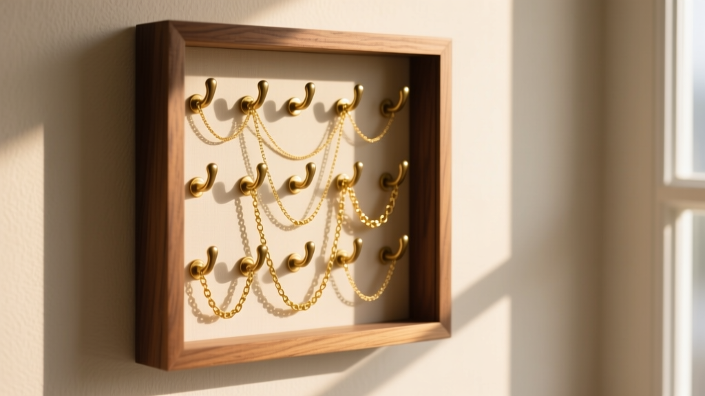 Wooden shadowbox necklace holder on a wall, featuring rows of brass hooks holding delicate gold chains in soft morning light.