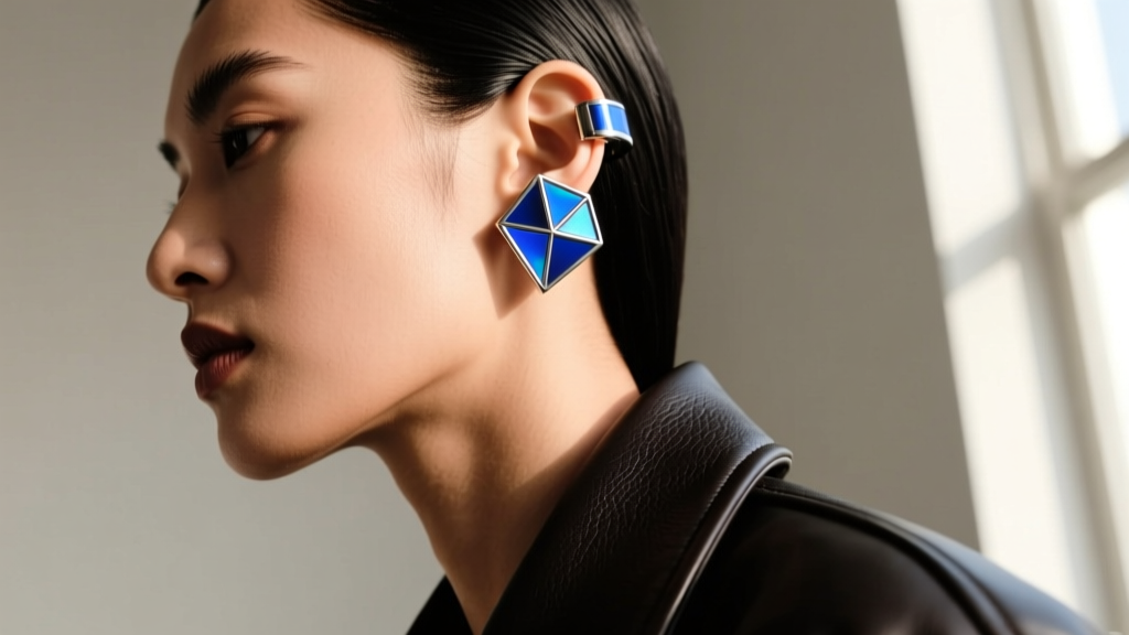 Side profile showing a 16-gauge Honolulu blue and silver ear cuff climbing the helix cartilage, styled with a dark leather jacket.