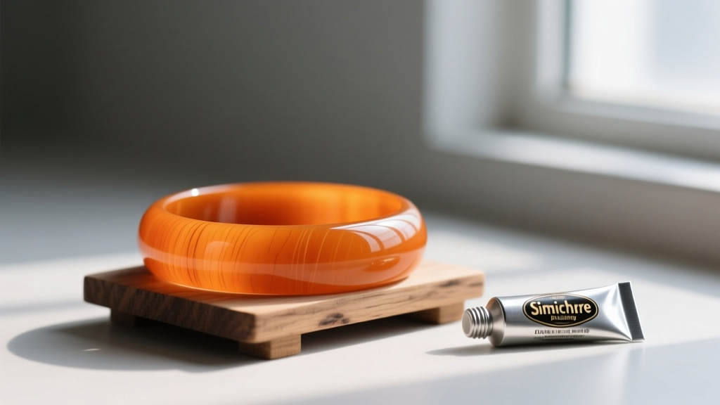 Vibrant orange 1930s Bakelite bangle bracelet on a wooden stand, with a small tube of Simichrome polish resting right beside it.