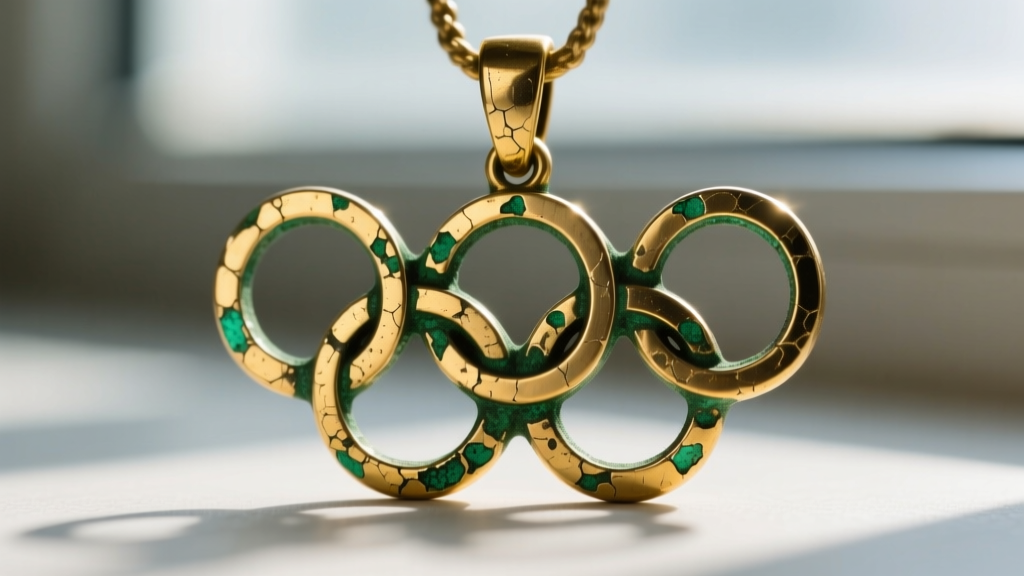 Close-up of worn base-metal Olympic rings pendant showing chipped gold PVD plating and green oxidation at interlocking joints