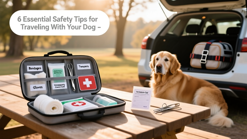A compact, organized pet first aid kit with labeled compartments, including bandages, antiseptic wipes, and tweezers