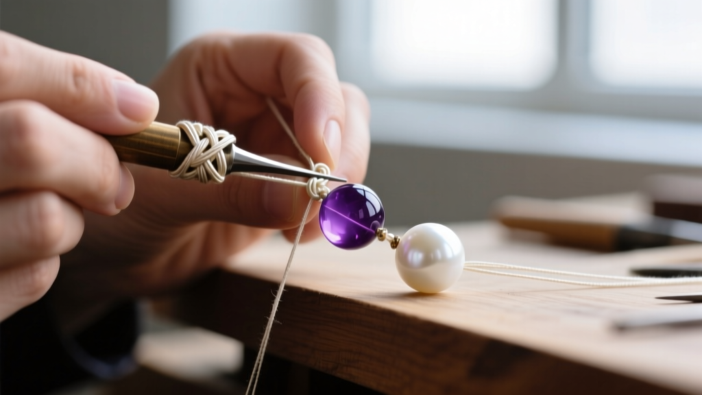 Jeweler using a traditional knotting tool to tie a secure micro-knot between a spherical amethyst bead and a round white pearl