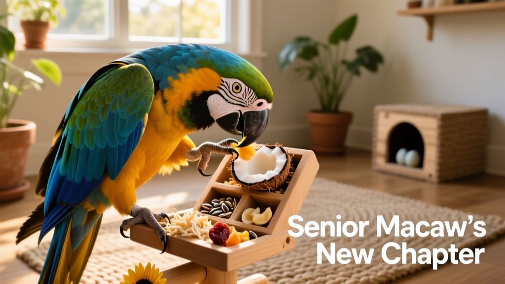 A macaw interacting with a foraging toy filled with healthy treats, demonstrating active engagement