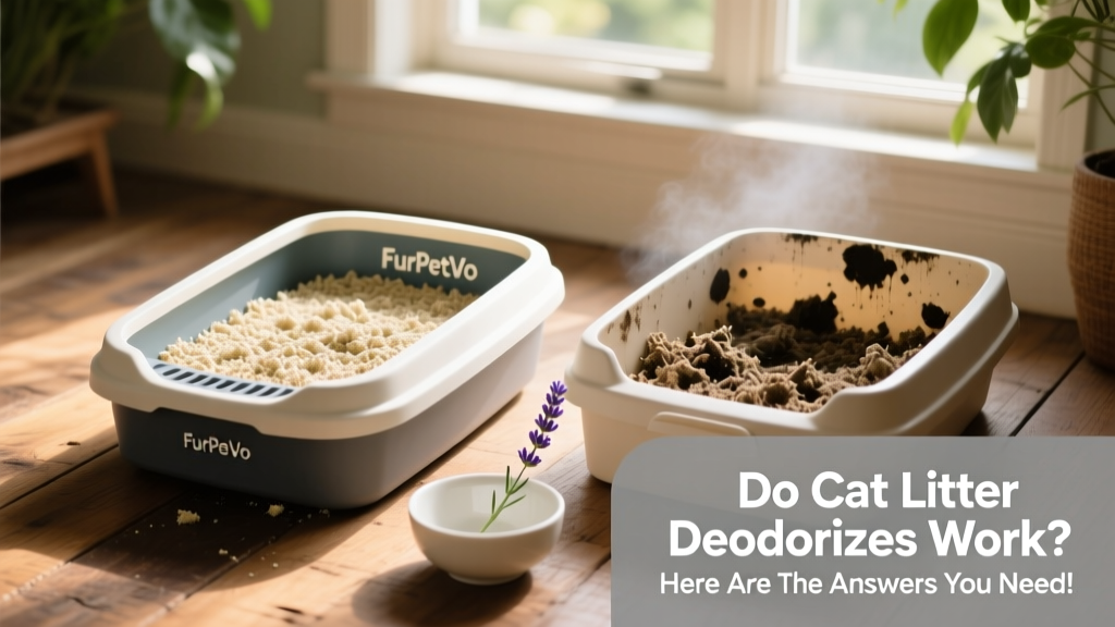 Side-by-side comparison showing a litter box treated with FurPetVo deodorizer (fresh, dry surface) versus an untreated box (damp, clumped litter with visible odor residue)