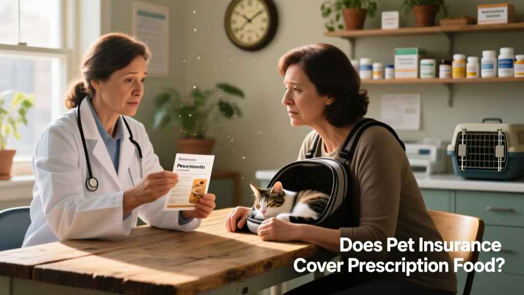 Veterinarian reviewing a prescription food label with a concerned pet owner