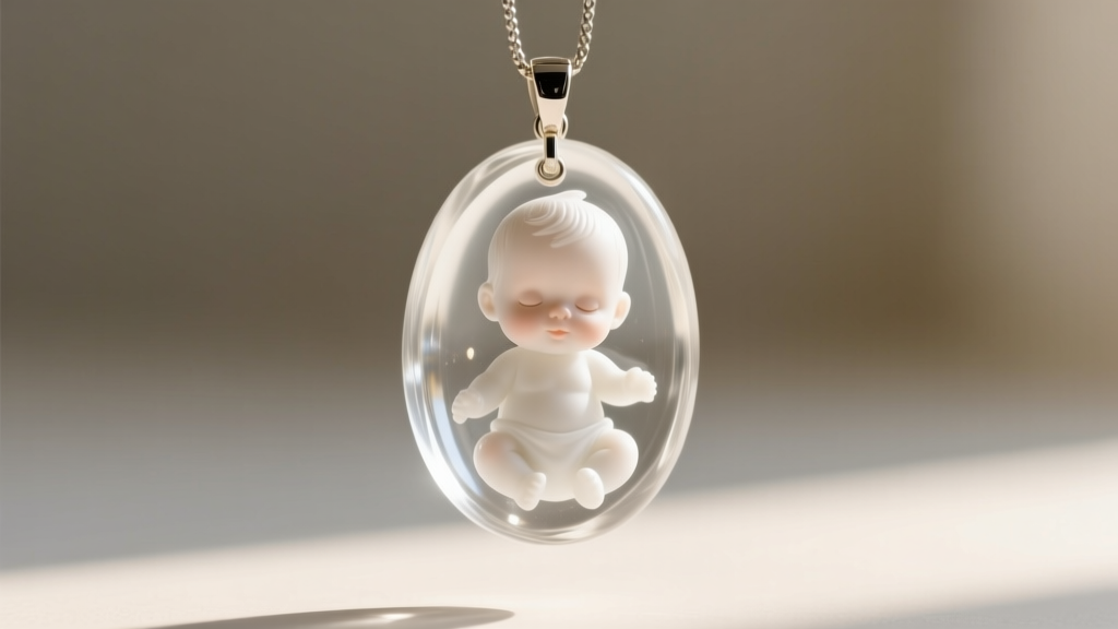 Close-up of a clear epoxy resin pendant encapsulating a white baby's breath flower resting on a dark velvet jewelry display pad.