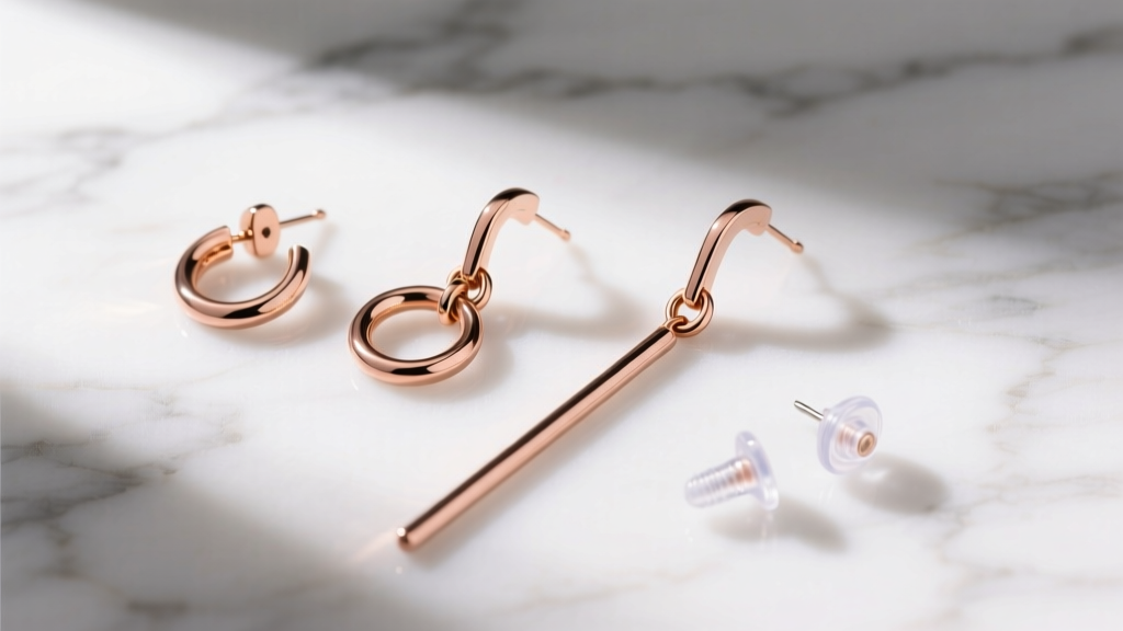 Flat lay of three rose gold pull through earrings of varying lengths on marble, paired with tiny clear silicone earring stoppers.
