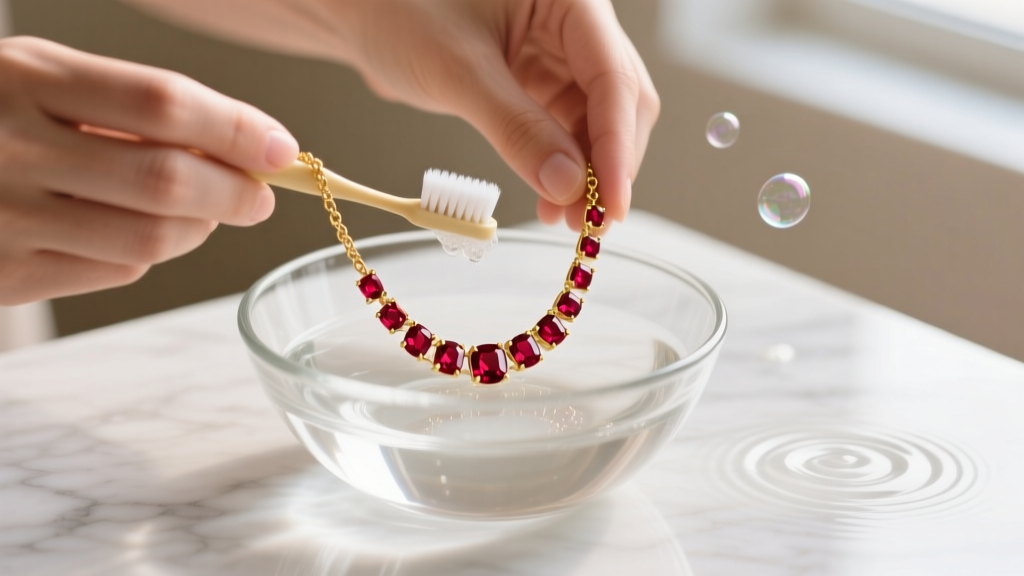 Hands gently cleaning a ruby and gold chain necklace with an extra-soft toothbrush and mild soapy water in a clear glass bowl.