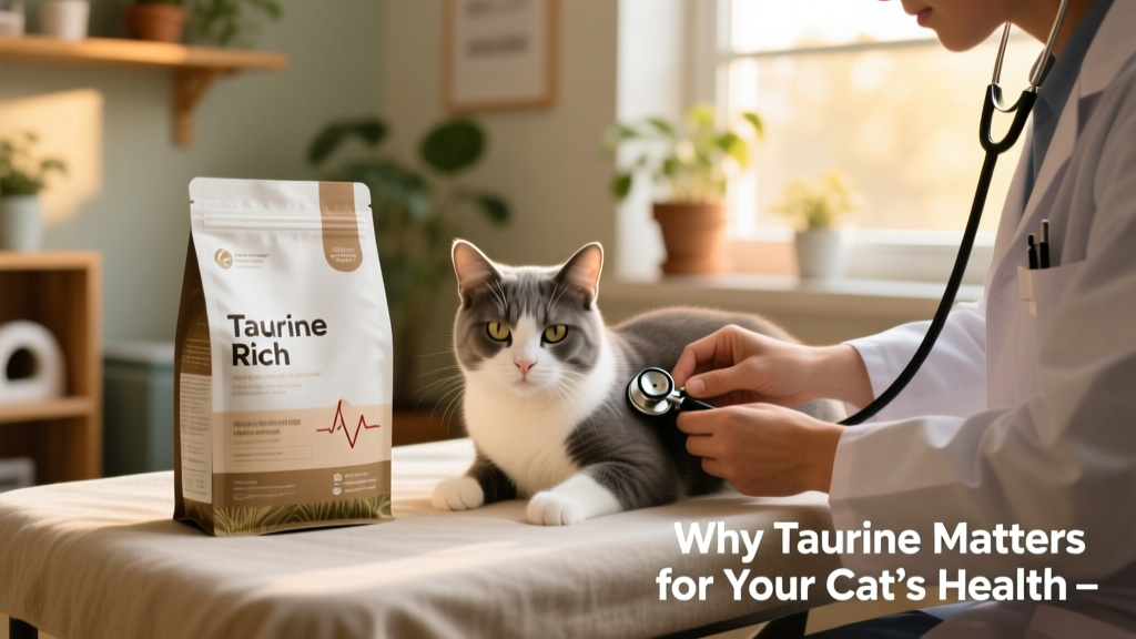 Side-by-side comparison of taurine-rich cat food packaging and a vet checking a cat’s heart rate during a wellness exam