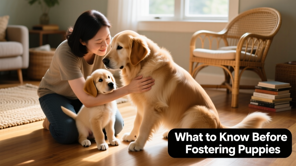 A foster parent kneeling beside a curious 8-week-old puppy during a supervised introduction to a calm adult dog