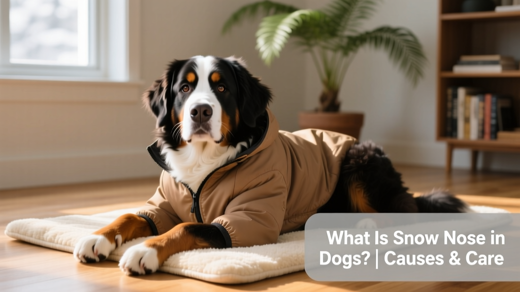 A Bernese Mountain Dog wearing a lightweight insulated jacket, resting comfortably on a soft indoor mat