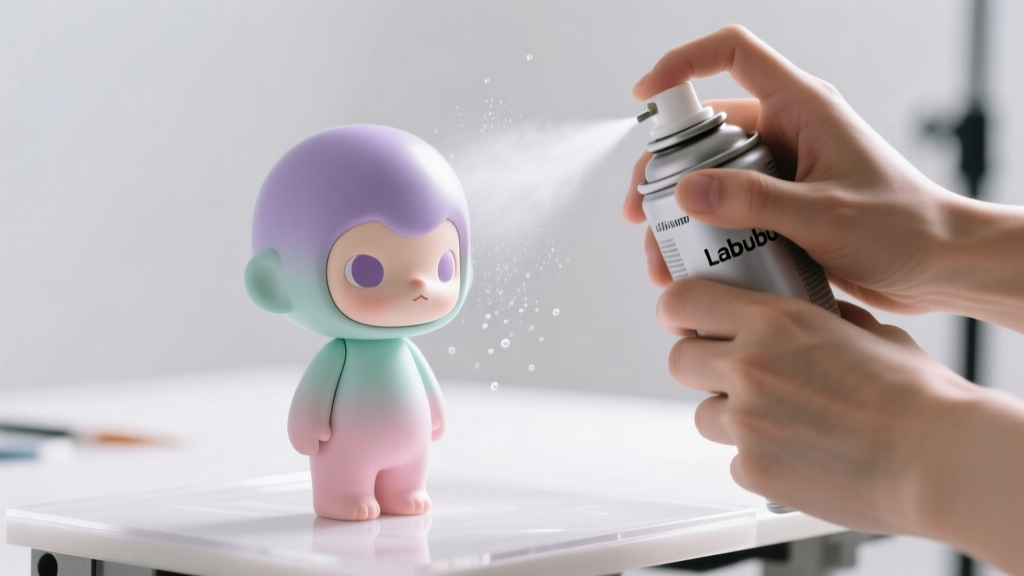 Hands applying a matte UV-resistant clear coat spray to a pastel-colored Labubu figure, placed on a protected workbench surface