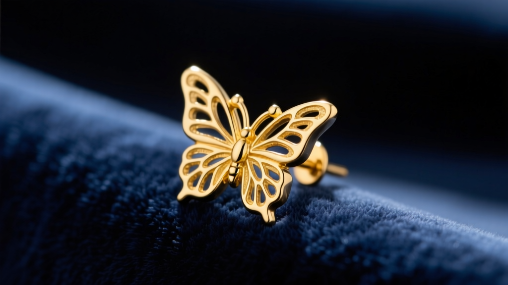 Macro shot of a 14-karat yellow gold earring post with a butterfly backing, resting on a dark velvet jeweler's tray in a shop