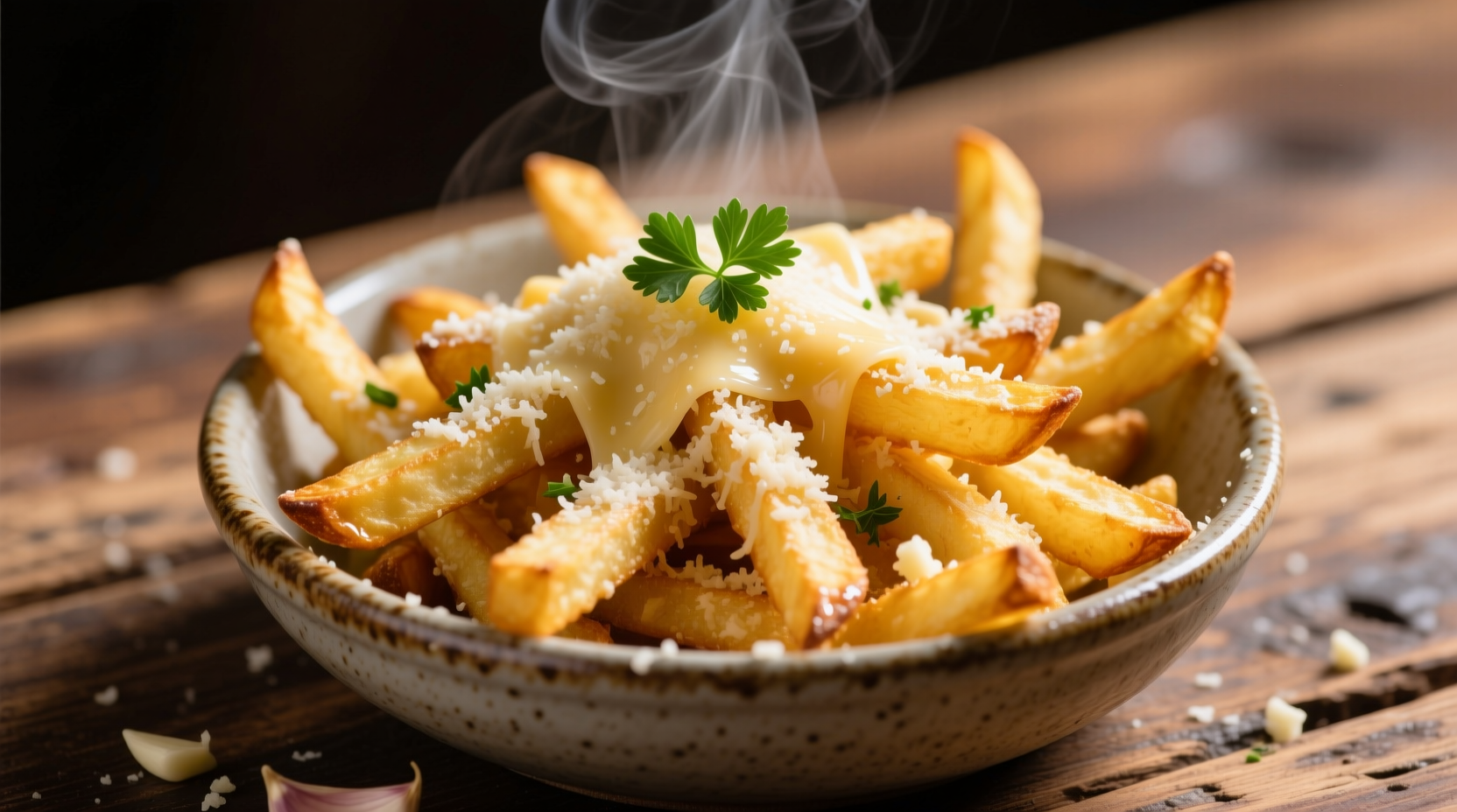 Freshly prepared garlic parmesan fries with visible grated cheese