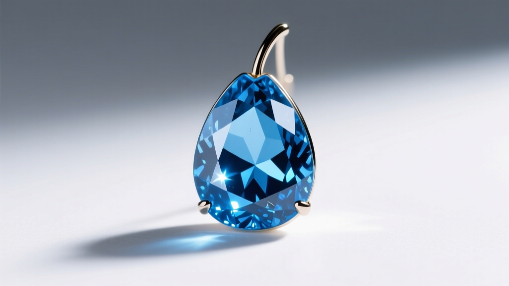 Pear-shaped Swiss blue topaz drop earring showing slight light leakage and windowing in the center pavilion under direct spotlight