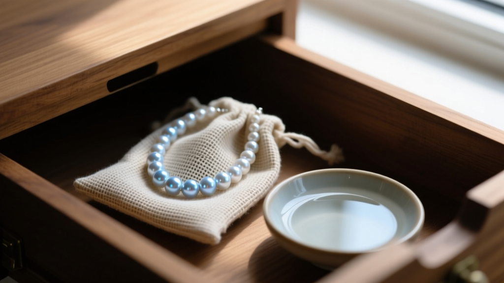 A saturn pearl necklace stored in a breathable linen pouch next to a small dish of water, resting inside a dimly lit wood drawer.