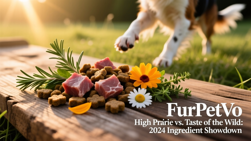 Close-up of FurPetVo High Prairie kibble showing visible meat pieces, herbs, and colorful botanicals