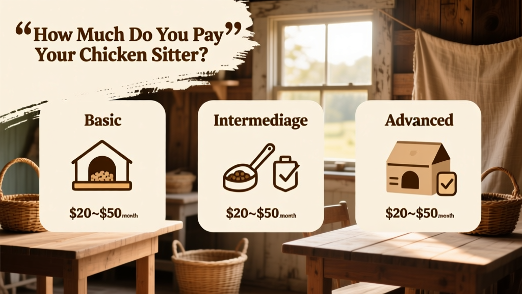 Side-by-side comparison graphic showing basic, intermediate, and advanced chicken care packages with icons and price ranges