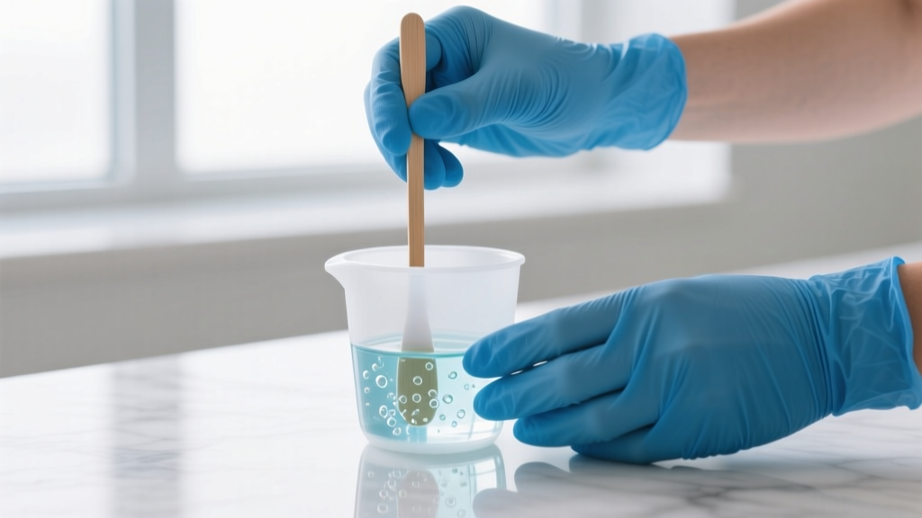Hands wearing blue nitrile gloves carefully stirring a two-part clear epoxy resin mixture with a wooden stick in a well-lit studio