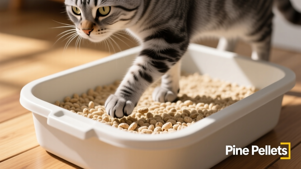 Close-up of a cat stepping confidently onto soft, light-colored pine pellet litter in a clean litter box
