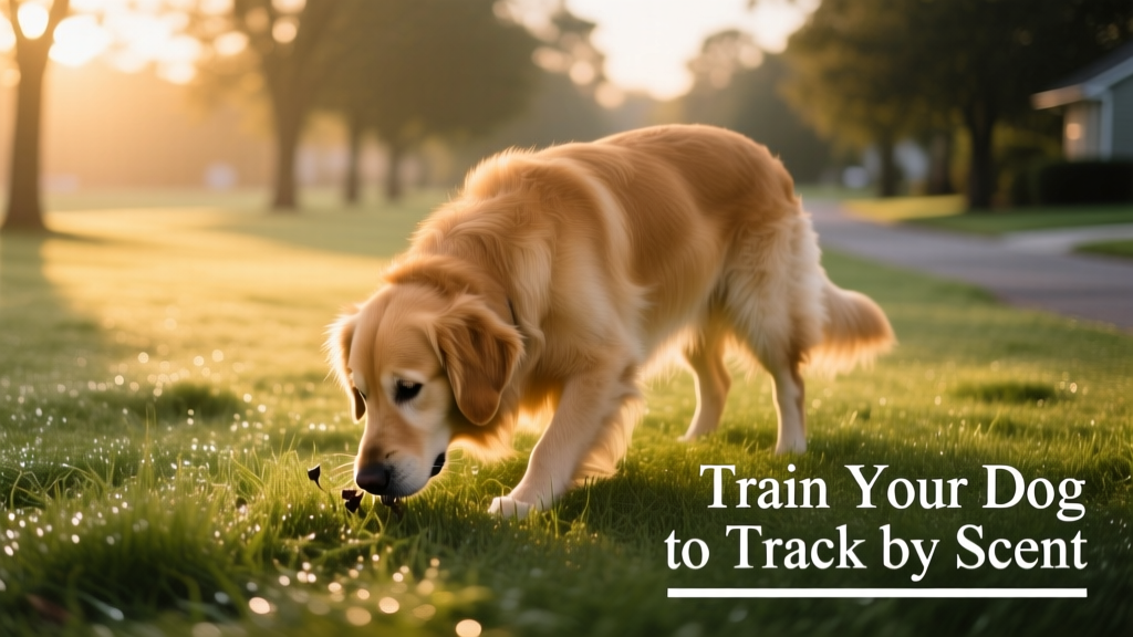 A dog intently sniffing the ground in a grassy park at sunrise
