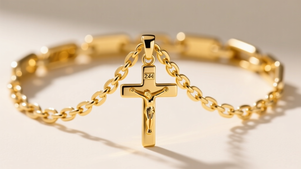 18k yellow gold box chain threaded through a 24k gold crucifix pendant bail, showing the ideal structural pairing for daily wear