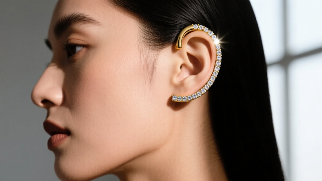 Side profile showcasing a tension-fit 18k yellow gold ear cuff on the upper cartilage with a micro-pave diamond setting