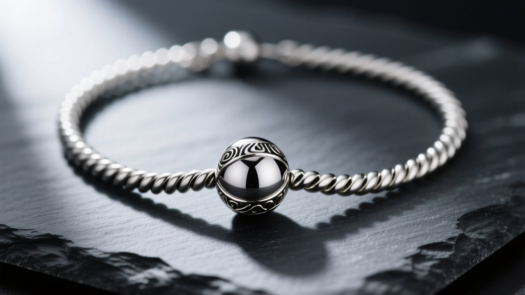 A close-up macro shot of a polished titanium twista bead necklace resting on dark slate, highlighting the spiral chain threading into a central spherical bead.