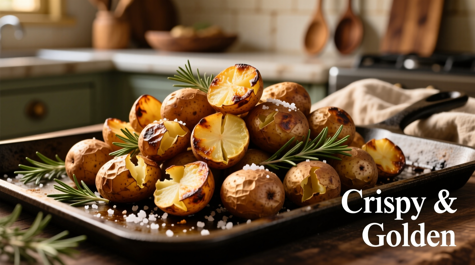 Golden brown crispy roasted potatoes on baking sheet