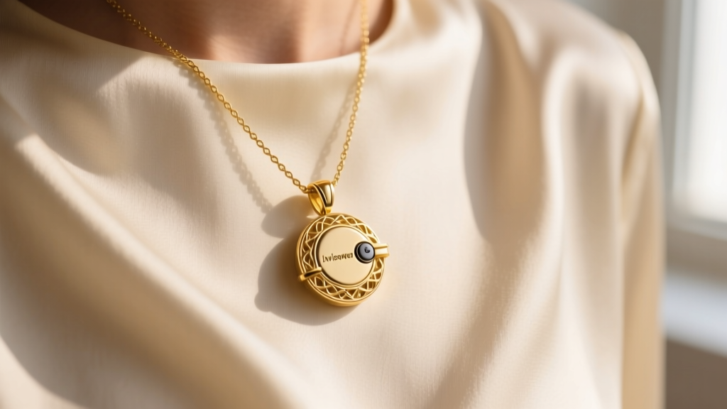 Close-up of a gold vermeil Invisawear pendant necklace with a hidden panic button clasp resting against a cream silk blouse.