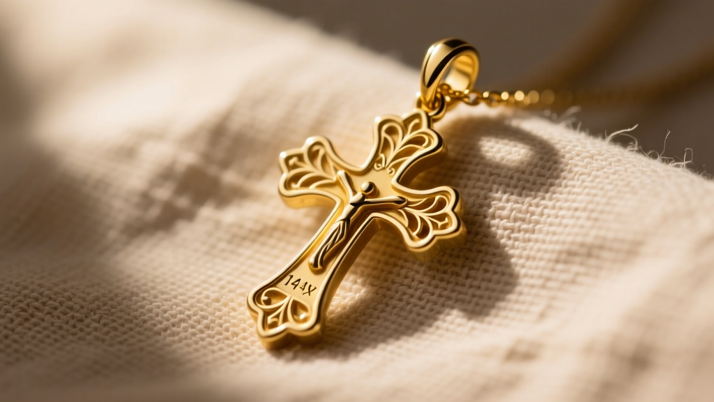 Close-up of a vintage 14k yellow gold James Avery cross pendant on textured linen, highlighting the hallmark stamp on the bale.