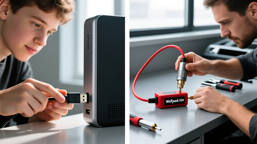Split screen showing a beginner plugging a basic USB cable versus an expert wiring a 12V smart car adapter to the Wolfpack Chipzz DC port