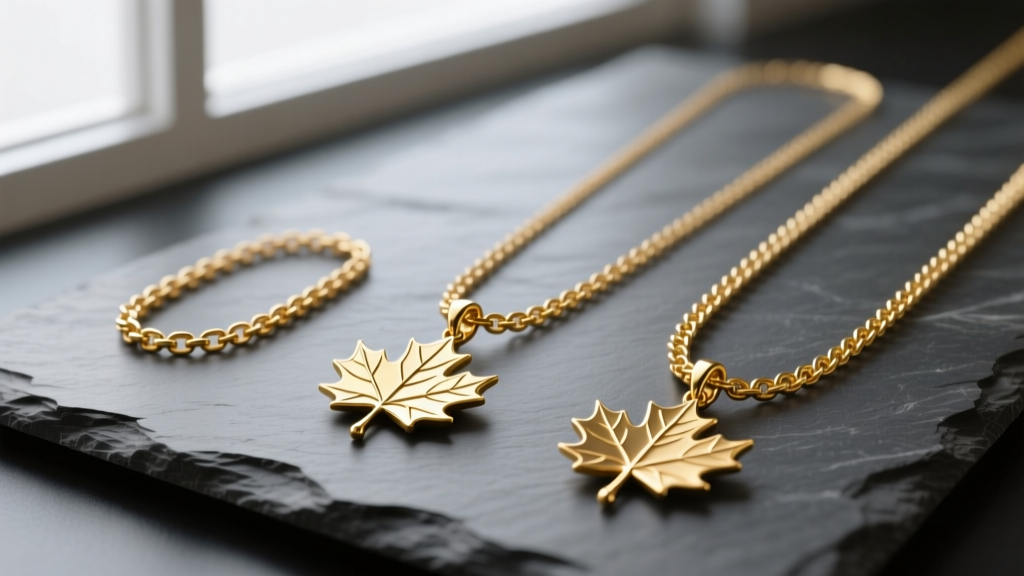 Flat lay of three gold chains of varying lengths, featuring a prominent maple leaf pendant arranged neatly on a dark slate surface.