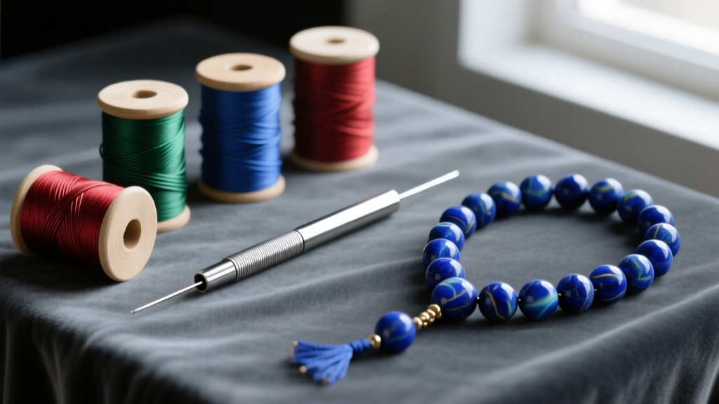 Flat lay of silk cord spools, a collapsible eye needle, and a finished lapis lazuli rosary necklace resting on dark grey velvet.